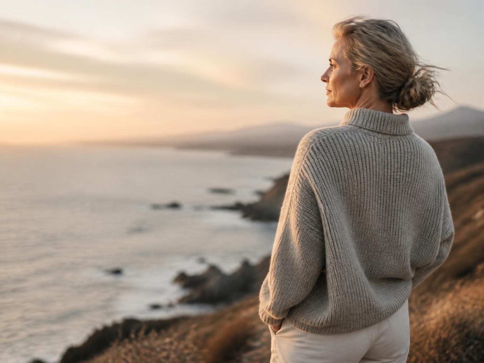 A woman standing on a coastal bluff at golden hour, looking out toward the horizon
